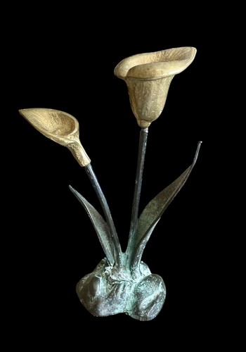 Vtg Verdigris Calla Lilies Brass Candle Holder Art Nouveau Patina Leaves 7-1/4” - 第 1/7 張圖片