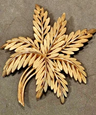 Trifari Vintage Jumbo Leaf Brooch Palm Pin Brushed Gold Crown Mark