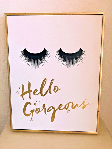 Hello Gorgeous Black Eyelashes Typography Stretched Canvas Gold Frame Preowned 