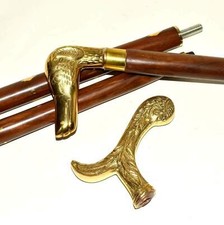 Nautical Antique Brass Designer Head Handle W/Brown Wooden Walking Stick Cane