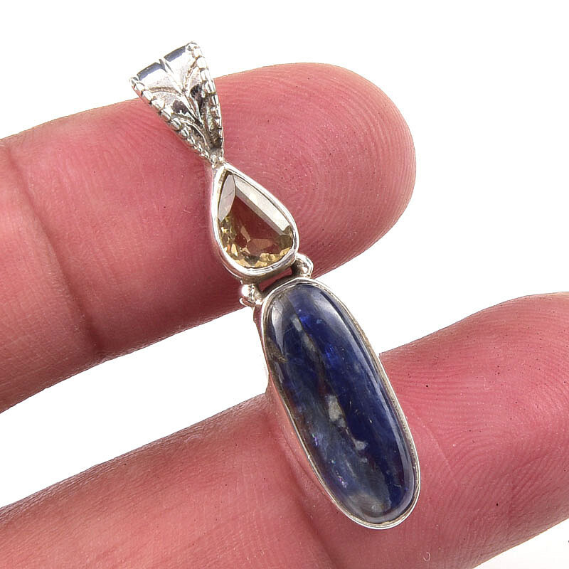 Natural Kyanite Citrine Gemstone 925 Sterling Silver Pendant 1.5 Inch