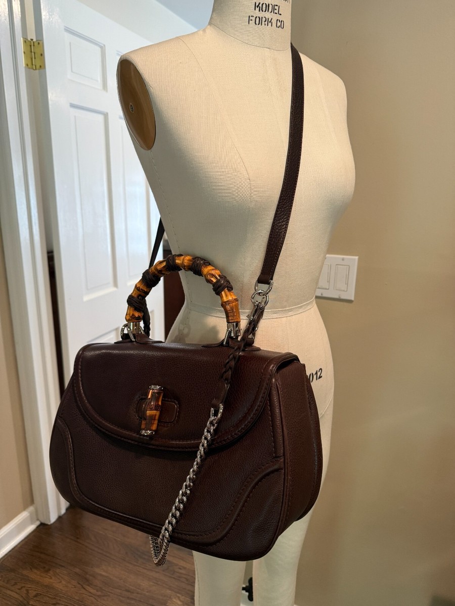 Gucci Dark Brown Leather Handbag with Bamboo Handle and Chain