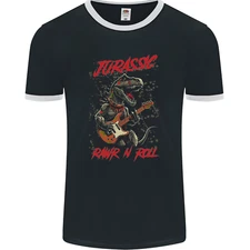 Jurassic Rawr n Roll T-Rex Dinosaur Guitar Rock Mens Ringer T-Shirt FotL