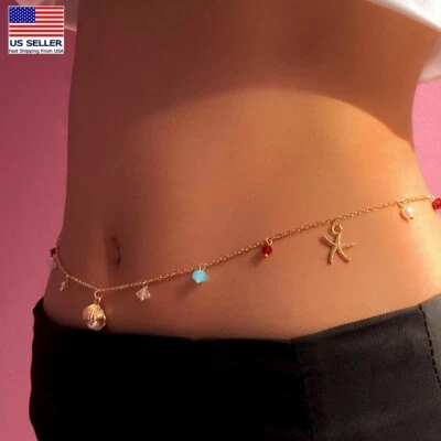 Fashion Women Waist Belly Jewelry Chain Starfish Shell Pearl Colourful Bead 0368 - Image 1 of 4