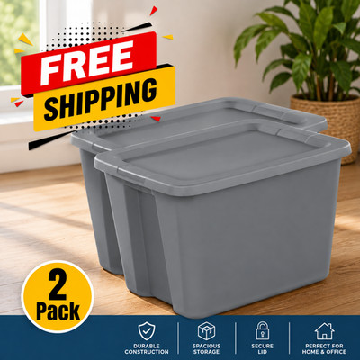 (2 pack) Sterilite 18 Gallon Large Storage Bin, Plastic Storage Container with S