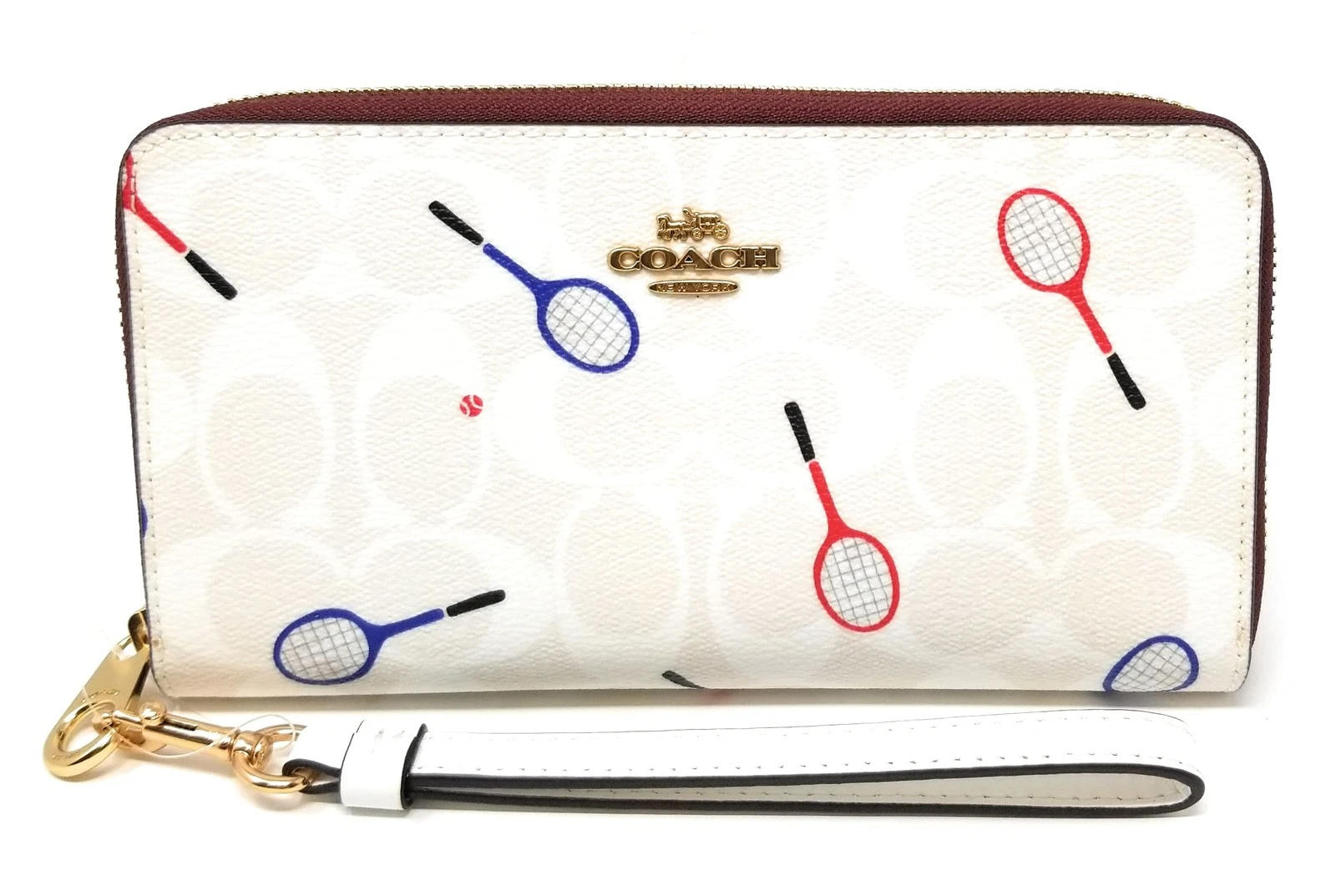 Coach Portafoglio Donna Lungo Zip Intorno In Tela Firmato (Stampa Racchetta Gesso