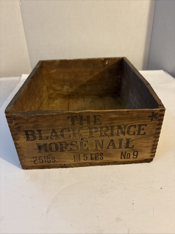 Antique The Black Prince Horse Nail Dovetailed Wooden Crate, 11x9x4.5 Inches