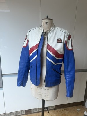 KLEINE KERSHAW 70ER JAHRE LEDER BIKER JACKE ROT WEISS & BLAU REISSVERSCHLUSS TASCHEN & HANDGELENKE
