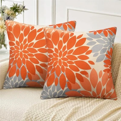 Deko Kissenbezug Leinen 45x45cm Orange Grau 2er Set Weich Modern Wohnzimmer - Bild 1 von 4