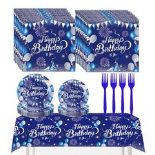 Navy Blue Silver Happy Birthday Tableware Paper Plates Napkins Forks 81 PCS