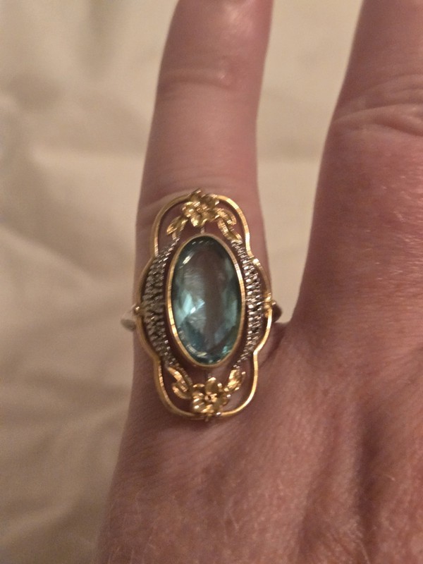 Vintage Deco Aquamarine Gold Filled Sterling Ring Size 6