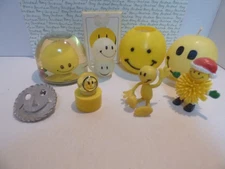 Vtg Misc Lot of 10 Smiley Face Items Cards Candles Figurines Pin