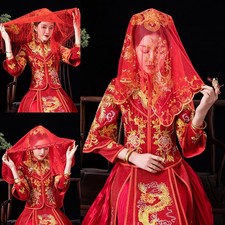 Women Retro Chinese Wedding Head Veil Mesh Sequin Embroidery Ethnic Bride Decors