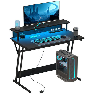 HOMCOM LED Gaming Schreibtisch mit Steckdosen und Monitorständer 100 x 60 cm schwarz