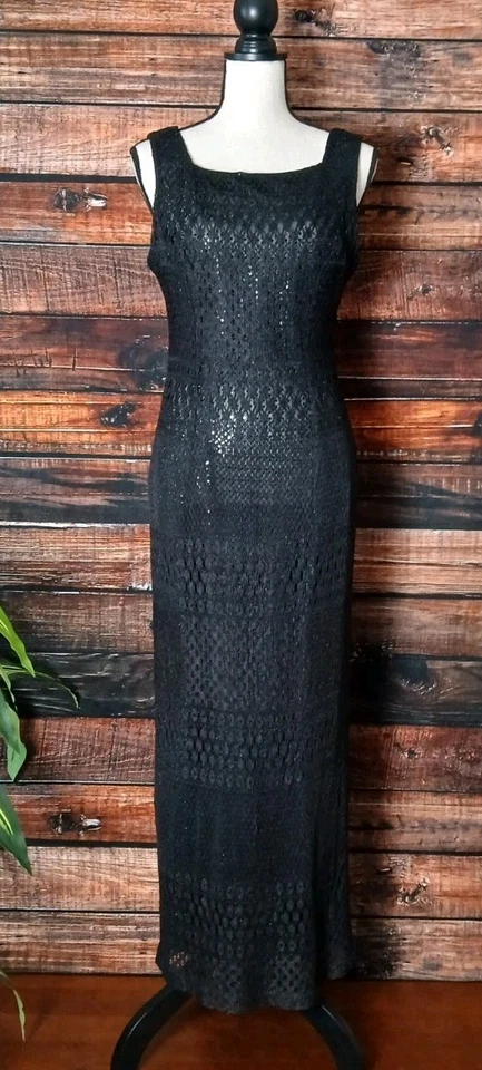 Vestido Molly Malloy Noche Vintage Años 90 Talla 10 Maxi Negro Lentejuelas Abertura Hecho en EE. UU. Foto 3 de 4