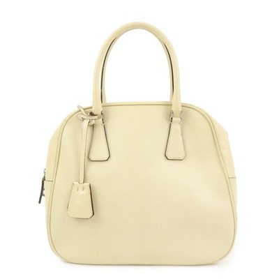 Prada Triangle Logo Leather Hand Bag Dome Bag Beige B11209 Authentic Used F/S
