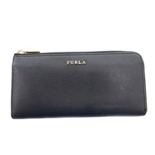FURLA Leather Long Wallet Black Excellent 7.5in Handbag Women