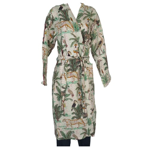 Kimono Kantha Style Handmade Cotton Sleeve Sash 2 Pockets Woman L - XL Champagne - 第 1/9 張圖片