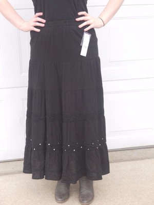 NEW NOTATIONS Womens Long Black Cotton Tiered SKIRT Elastic Waist Size Small On Line NEW NOTATIONS Womens Long Black Cotton Tiered SKIRT Elastic Waist Size Small On Line
