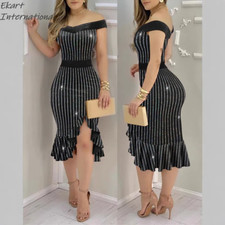Women's Bodycon Dress Elegant Sexy V Neck Off Shoulder Sleeveless Glittery Midi
