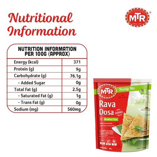 MTR Instant Mix Ready to Cook Breakfast Meal Rava Dosa Mix - 500G (Pack of 3) - Picture 6 of 7