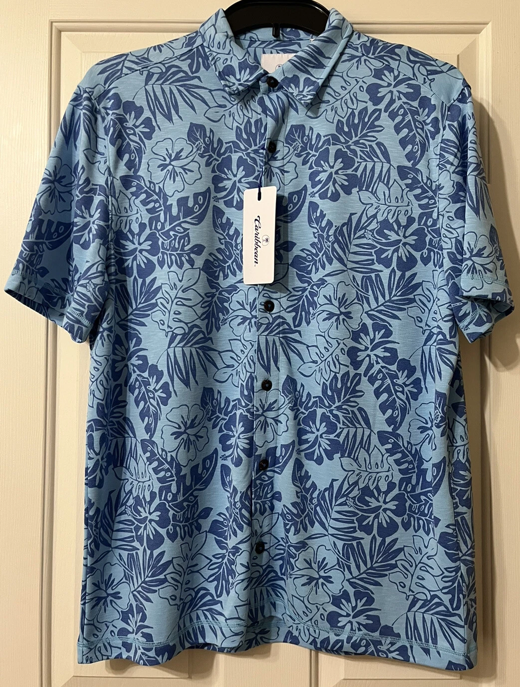 NWT Caribbean Roundtree Yorke size L brt blue short sleeve button up shirt mens