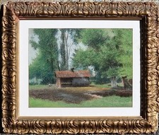 Camillo Merlo ( Torino 1856 - 1931 ). Paesaggio con casolare. Pastello  su carta