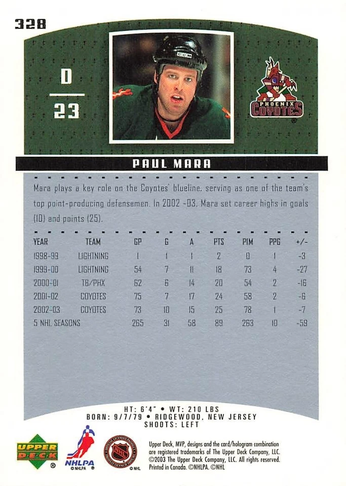 2003/04 MVP #328 Paul Mara Coyotes Signed Auto *G1838 - Image 2 of 2