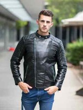 Men's Genuine Lambskin Leather Black Biker Jacket Classic Motorcycle Racer Coat