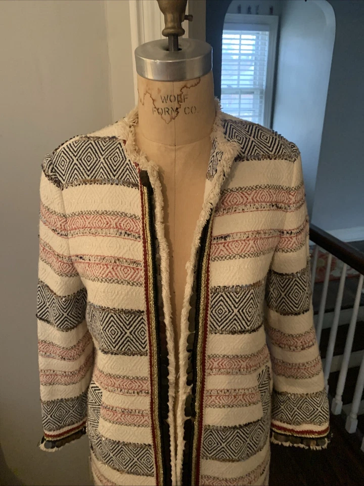 Zara Blue Red & White Fringe Embellished Blazer Long Jacket Textured Boho Small - Image 3 of 4