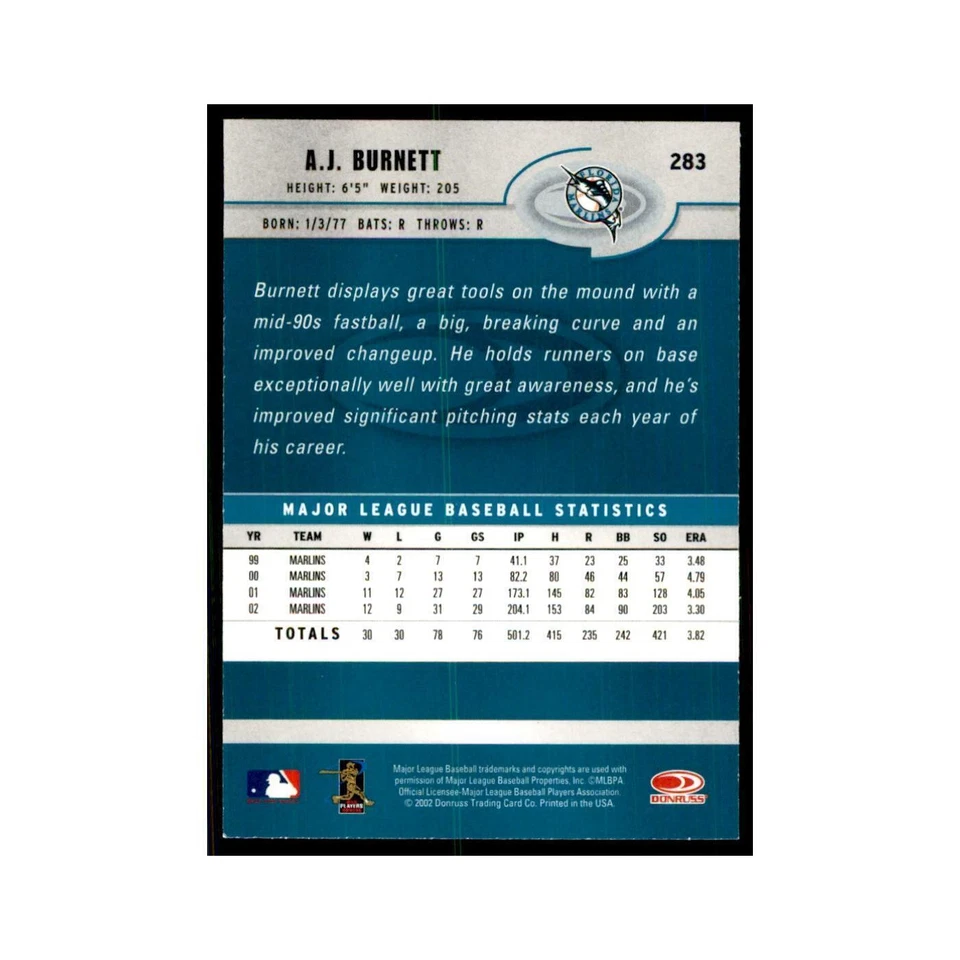 2003 Donruss A.J. Burnett Baseball Cards #283 - Image 2 of 3