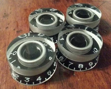 4 Guitar speed volume / tone knobs. Silver Met / black. JAT CUSTOM GUITAR PARTS