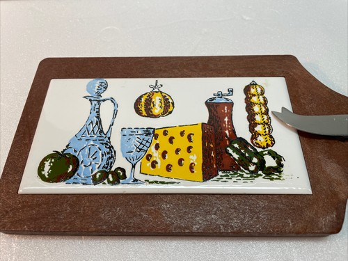 Tablero de queso charcutería de corte de madera vintage azulejo y cuchillo de cerámica retro - Imagen 6 de 8