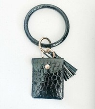 Black Faux Leather Wristlet Keychain Bracelet with Tassel and Card Holder NEW