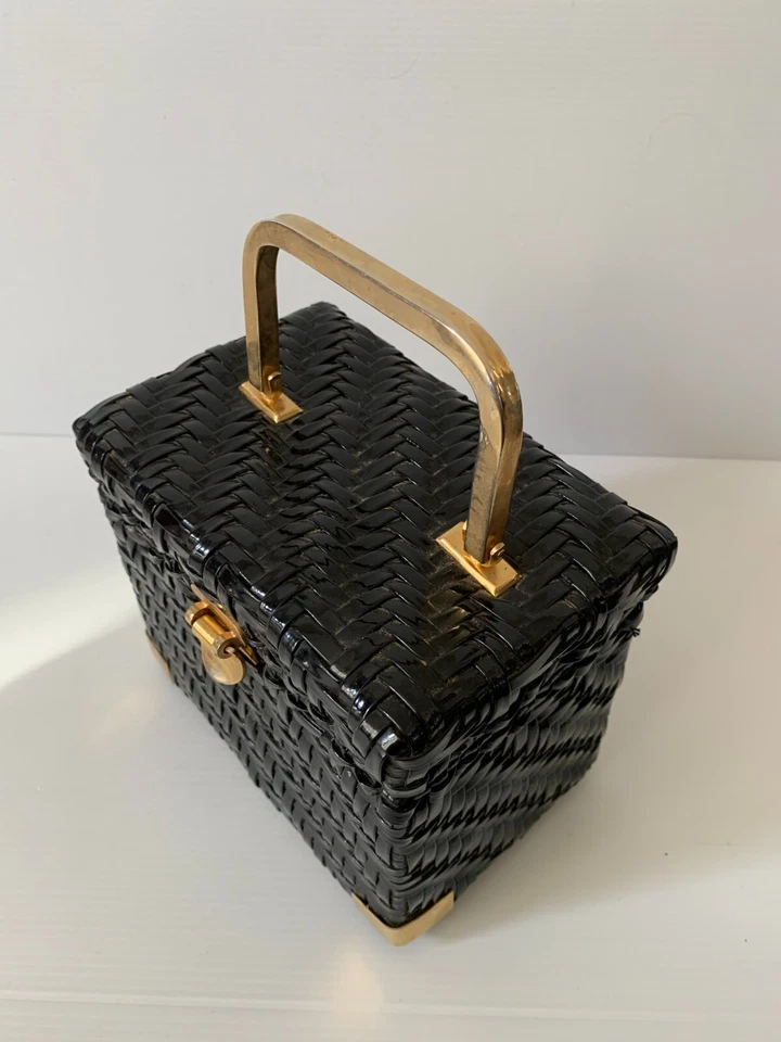 Marchioness structured woven grab clutch bag VGC box black gold rattan vintage - Image 2 of 4