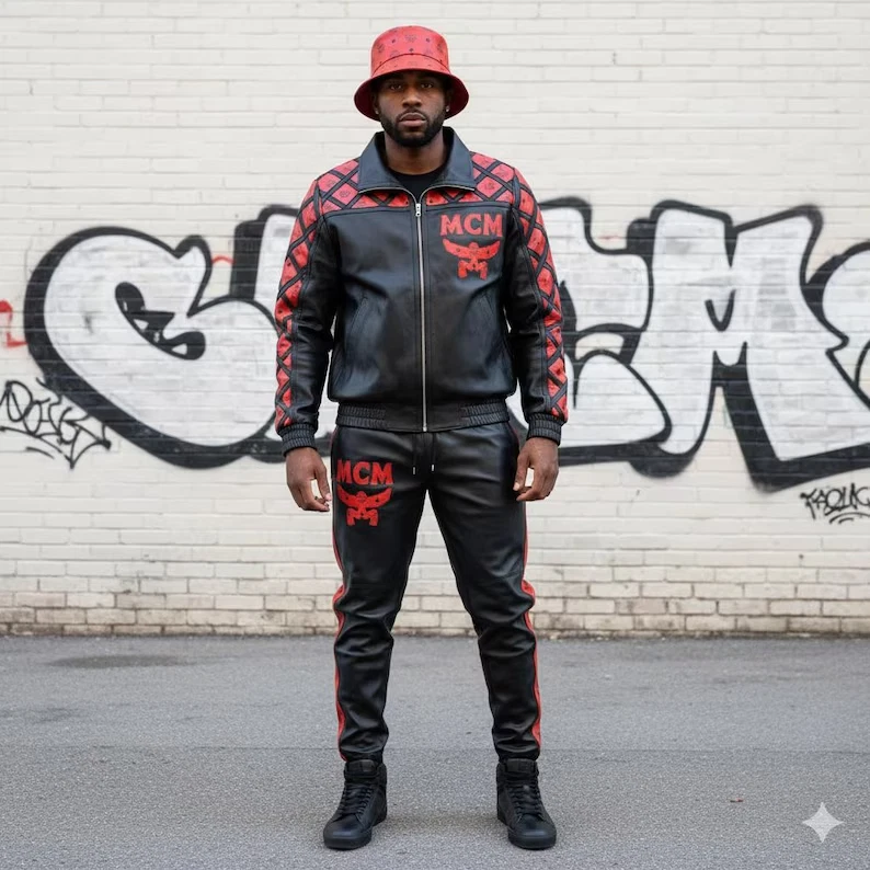 男式 MCM 风格黑色和红色皮革运动服风格标志夹克和裤子帽子豪华 — 第 4/4 张图片