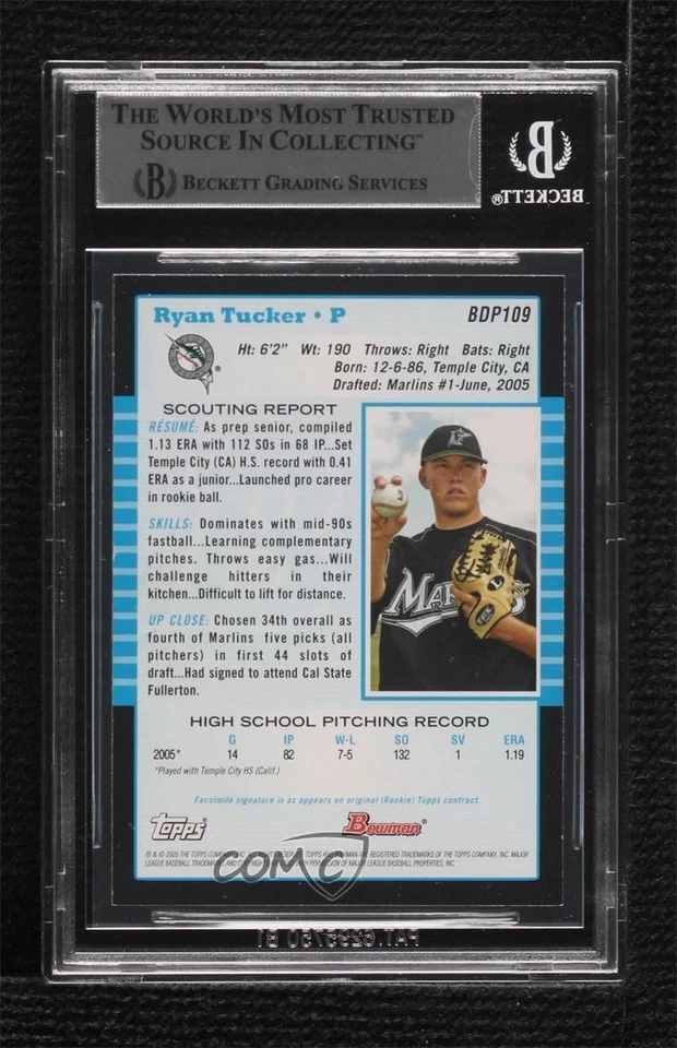 BAS 2005 Bowman Draft Ryan Tucker #BDP109 BGS Authentic Auto Rookie RC - Image 2 of 2