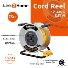 75 Ft. 12/3 Extension Cord Storage Reel with 4 Grounded Outlets and Overload ...