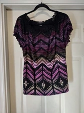 Style & Co Women's Multicolor Chevron/Geometric Pattern Short Sleeve Top Size L