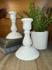 Vintage Fenton Hobnail Milk Glass 6” Tall Candlestick Candle Holders Lot 0f 2
