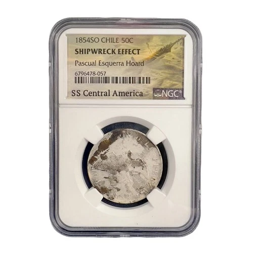 1854 SS Central America Shipwreck Chile 50 Centavos Silver Coin NGC Genuine
