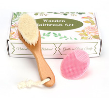 Baby Hair Brush, Wooden Goat Bristles Hair Brush with Silicone Hair Scrubber Cra