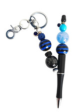 Black Blue Bubble Bead Pen  Keychain Set, Striped Beads, Gift Idea, Keyring