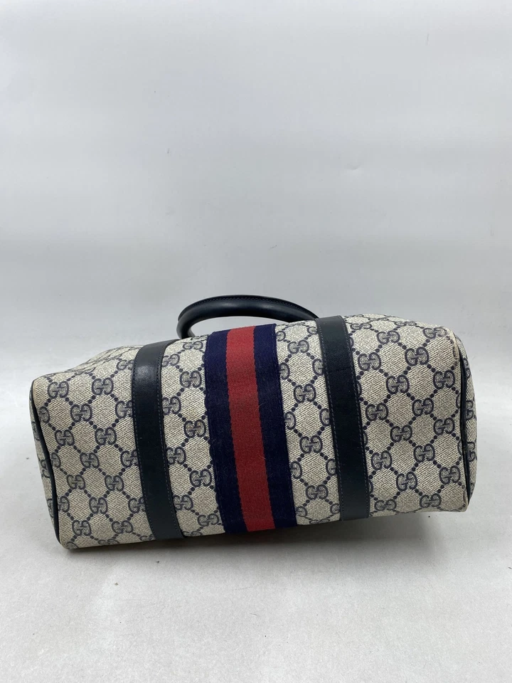 Bolsa satchel Gucci azul monograma vermelha listra marinha alça superior - Imagem 3 de 4