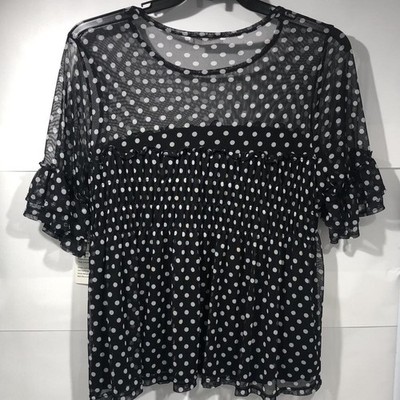 トップス 2way Sleeve Dot Ruffle Blouse Good Days Project Women's Polka Dot Mesh Blouse Ruffled Sleeve