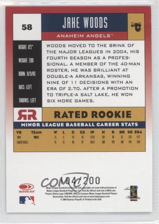 2005 Donruss Rated Rookie Red Press Proof /200 Jake Woods #58 - Image 2 of 2