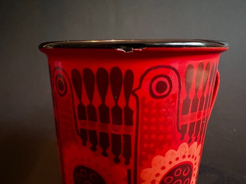 FINEL Red Lintu Bird Enamel Coffee Mug Cup Arabia Finland Vintage MCM Metal B - Picture 6 of 7