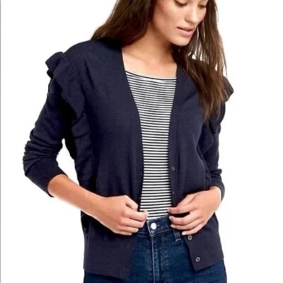 Gap Cascade Ruffle Cardigan, NWT, Size Large Petite, Navy, Merino Wool! 