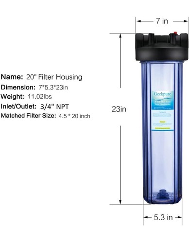 Geekpure 20-Inch Whole House Clear Water Filter Housing with Wrench Bracket-3/4" - Picture 5 of 7
