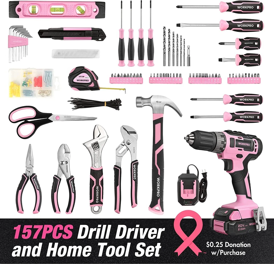 WORKPRO 157PC Home Tool Kit Drill Tool Set 20V Cordless Drill Gun Kit w/Tool Bag - Image 2 of 4